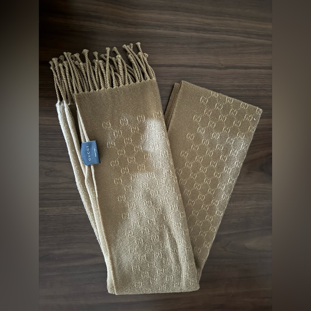 Gucci Beige Monogram Fringe Scarf